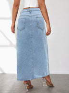 High Slit Denim Skirt Women's Washed Solid Color Midi Skirt