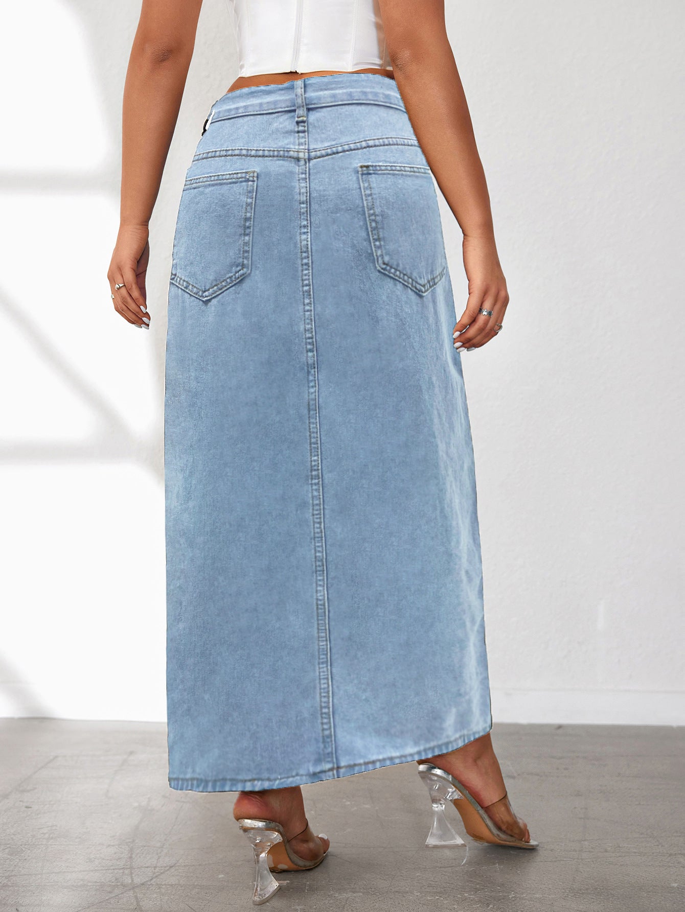 High Slit Denim Skirt Women's Washed Solid Color Midi Skirt