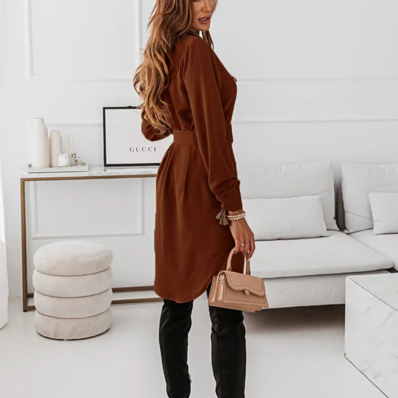 Lapel Long-sleeved Dress With Belt Fashion Elegant Button-down Shirt Dresses For Women