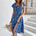 Summer Floral Print Maxi Dress Women Button Up Split Long Flowy Bohemian Beach Party Dresses