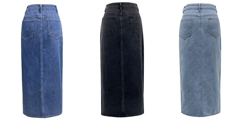High Slit Denim Skirt Women's Washed Solid Color Midi Skirt