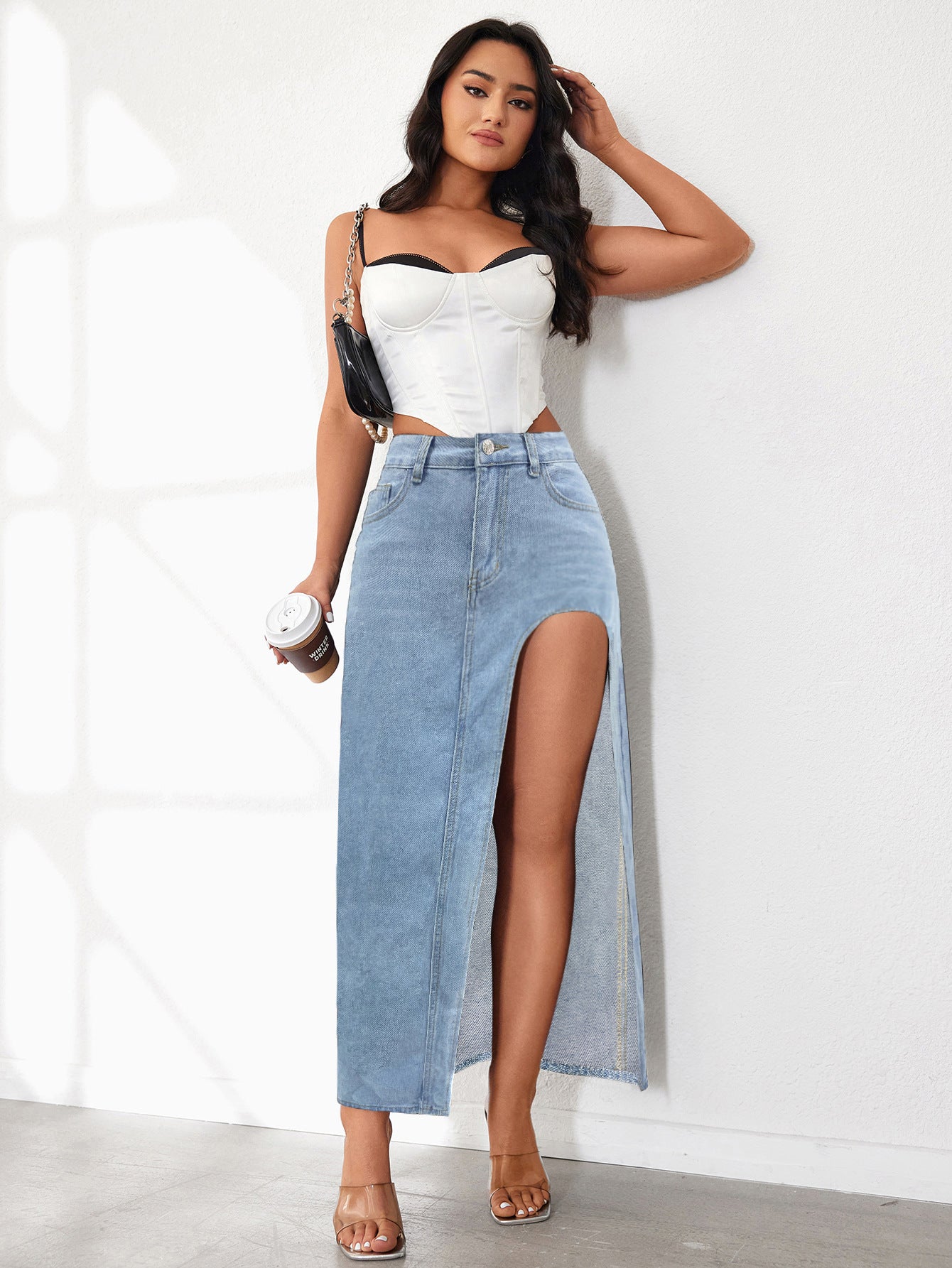 High Slit Denim Skirt Women's Washed Solid Color Midi Skirt