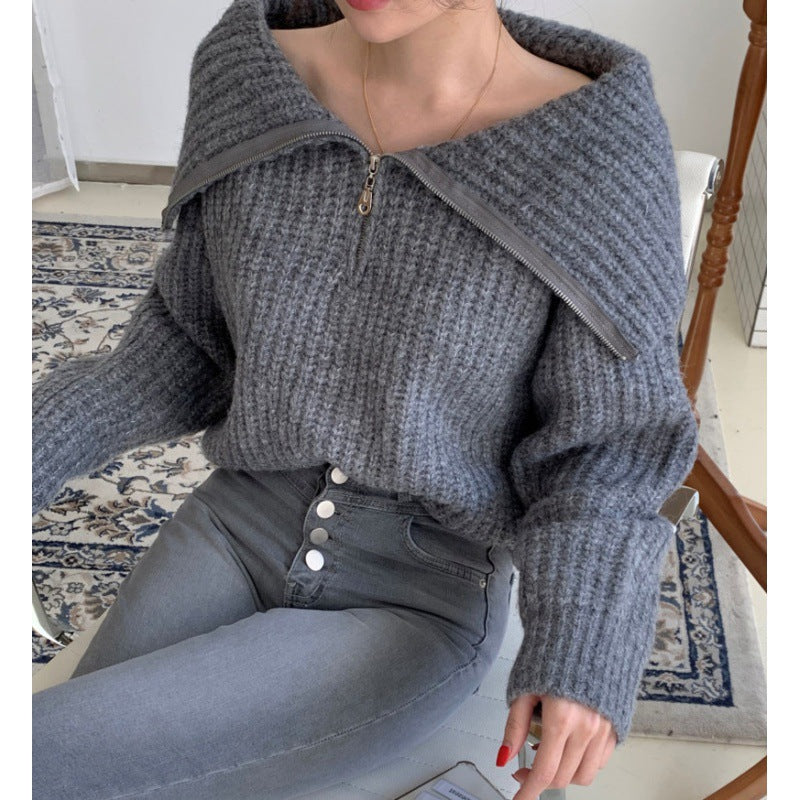 Lapel Zipper Design Loose Casual Long Sleeves Knitwear Sweater
