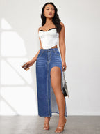 High Slit Denim Skirt Women's Washed Solid Color Midi Skirt