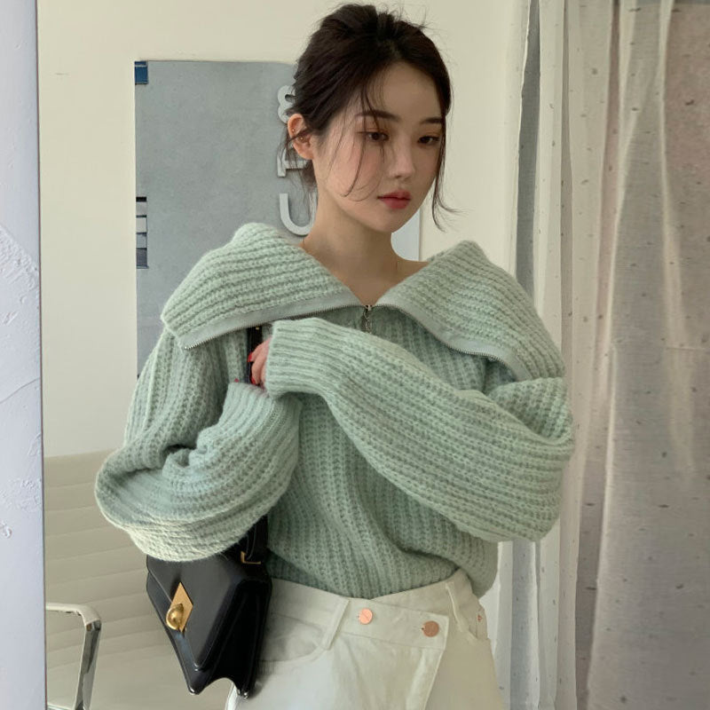 Lapel Zipper Design Loose Casual Long Sleeves Knitwear Sweater