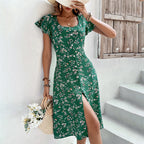 Summer Floral Print Maxi Dress Women Button Up Split Long Flowy Bohemian Beach Party Dresses