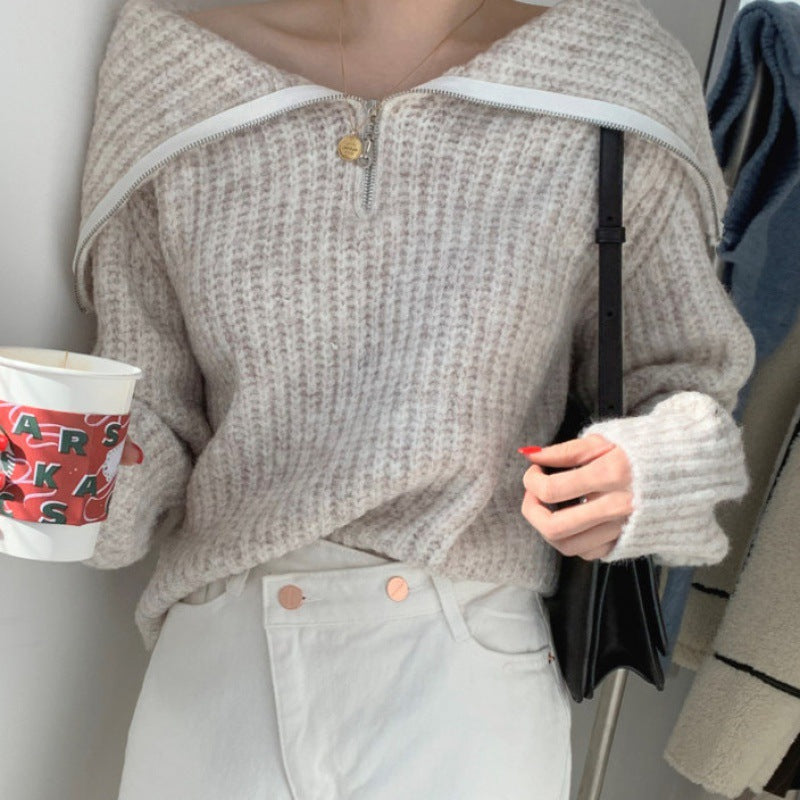 Lapel Zipper Design Loose Casual Long Sleeves Knitwear Sweater