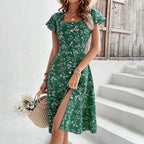 Summer Floral Print Maxi Dress Women Button Up Split Long Flowy Bohemian Beach Party Dresses