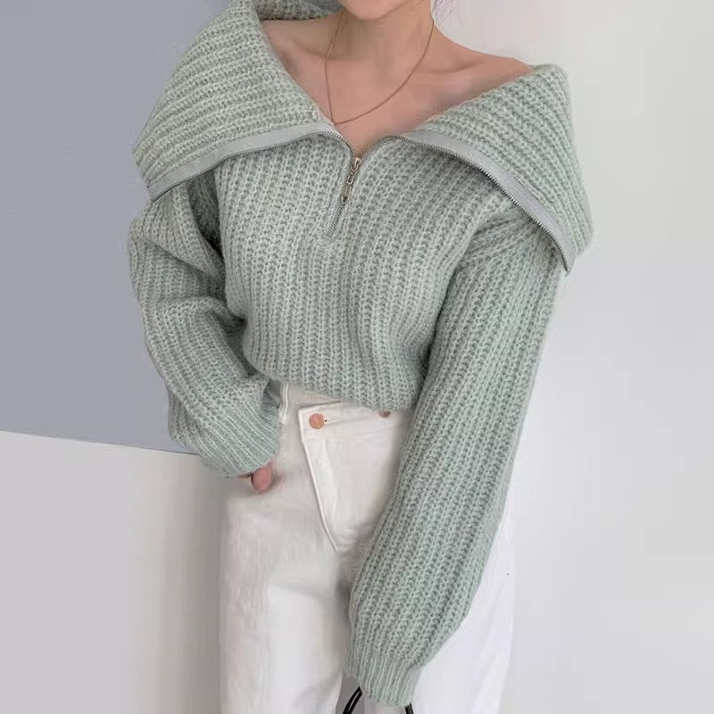 Lapel Zipper Design Loose Casual Long Sleeves Knitwear Sweater