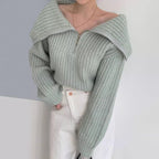 Lapel Zipper Design Loose Casual Long Sleeves Knitwear Sweater