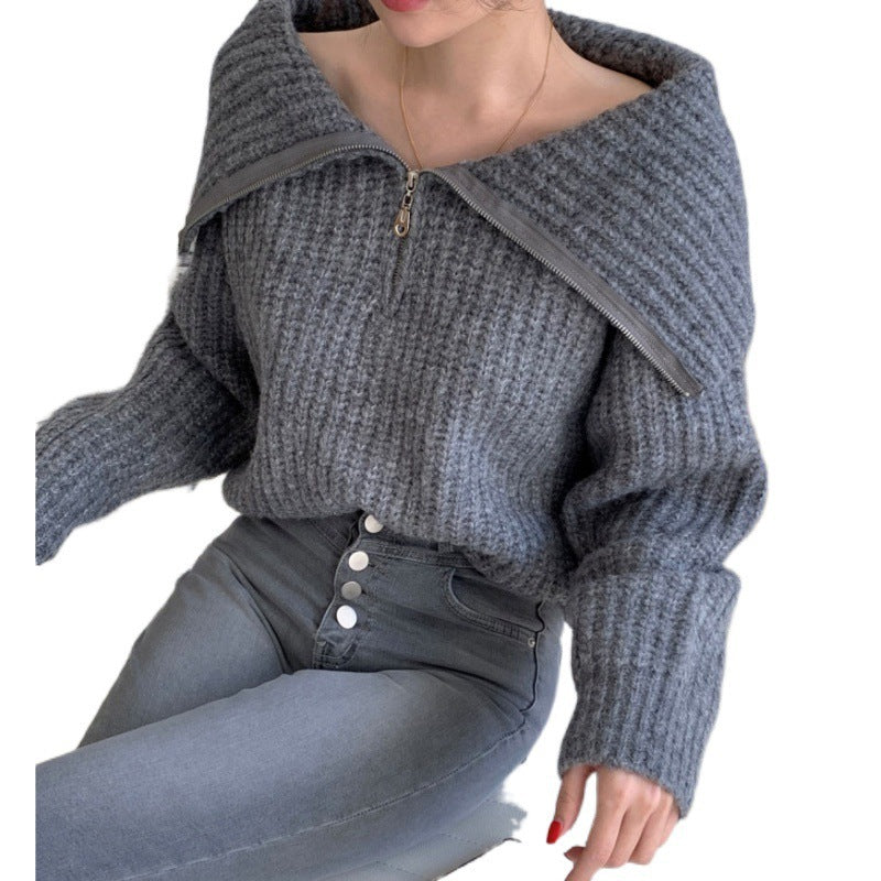 Lapel Zipper Design Loose Casual Long Sleeves Knitwear Sweater