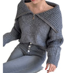 Lapel Zipper Design Loose Casual Long Sleeves Knitwear Sweater
