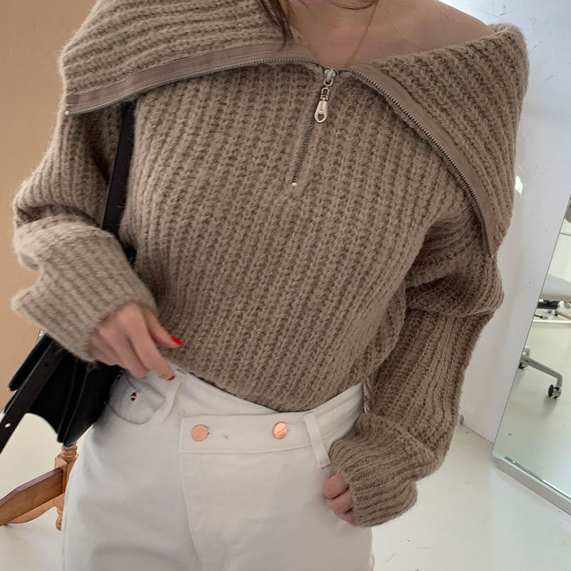 Lapel Zipper Design Loose Casual Long Sleeves Knitwear Sweater