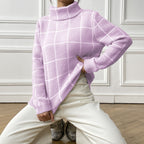 Women's Pullover Color-contrast Check Turtleneck Sweater