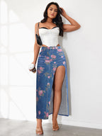 High Slit Denim Skirt Women's Washed Solid Color Midi Skirt