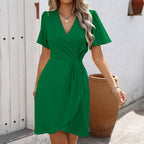 V-neck Short-sleeved Dress Summer Fashion Slim A-line Dresses Beach Clothing For Women