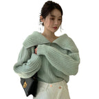 Lapel Zipper Design Loose Casual Long Sleeves Knitwear Sweater