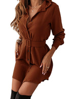 Lapel Long-sleeved Dress With Belt Fashion Elegant Button-down Shirt Dresses For Women