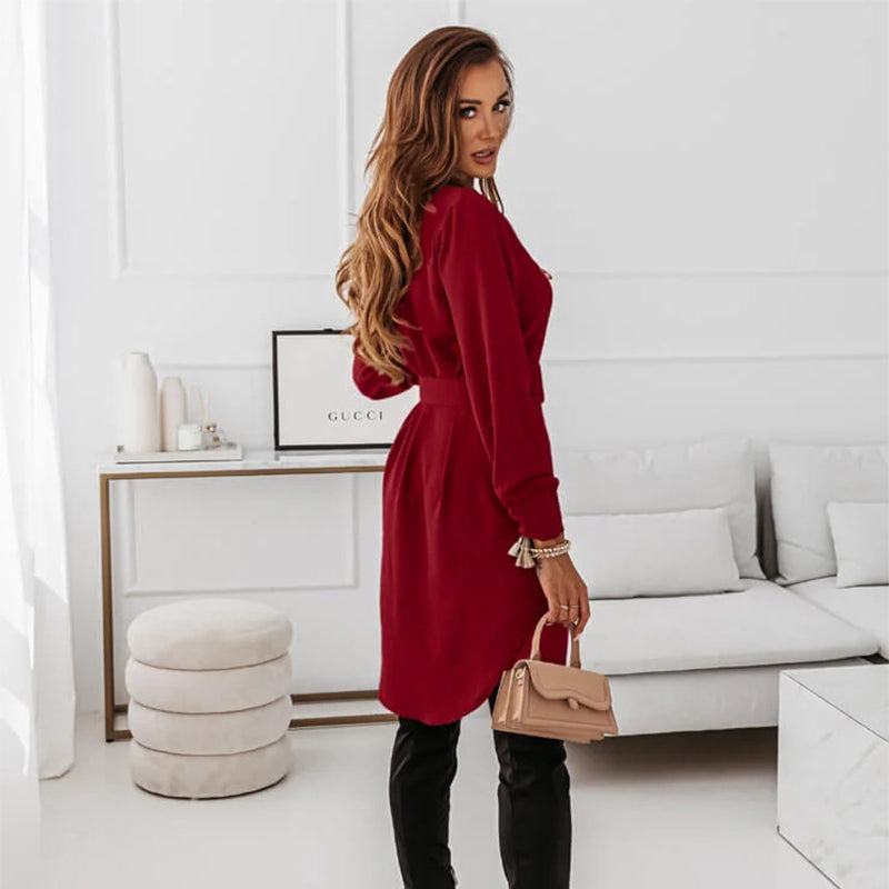 Lapel Long-sleeved Dress With Belt Fashion Elegant Button-down Shirt Dresses For Women