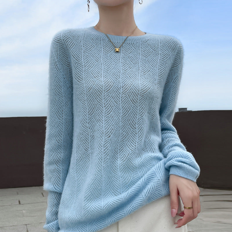 Pure Wool Round Neck Sweater Women's Hollow Top