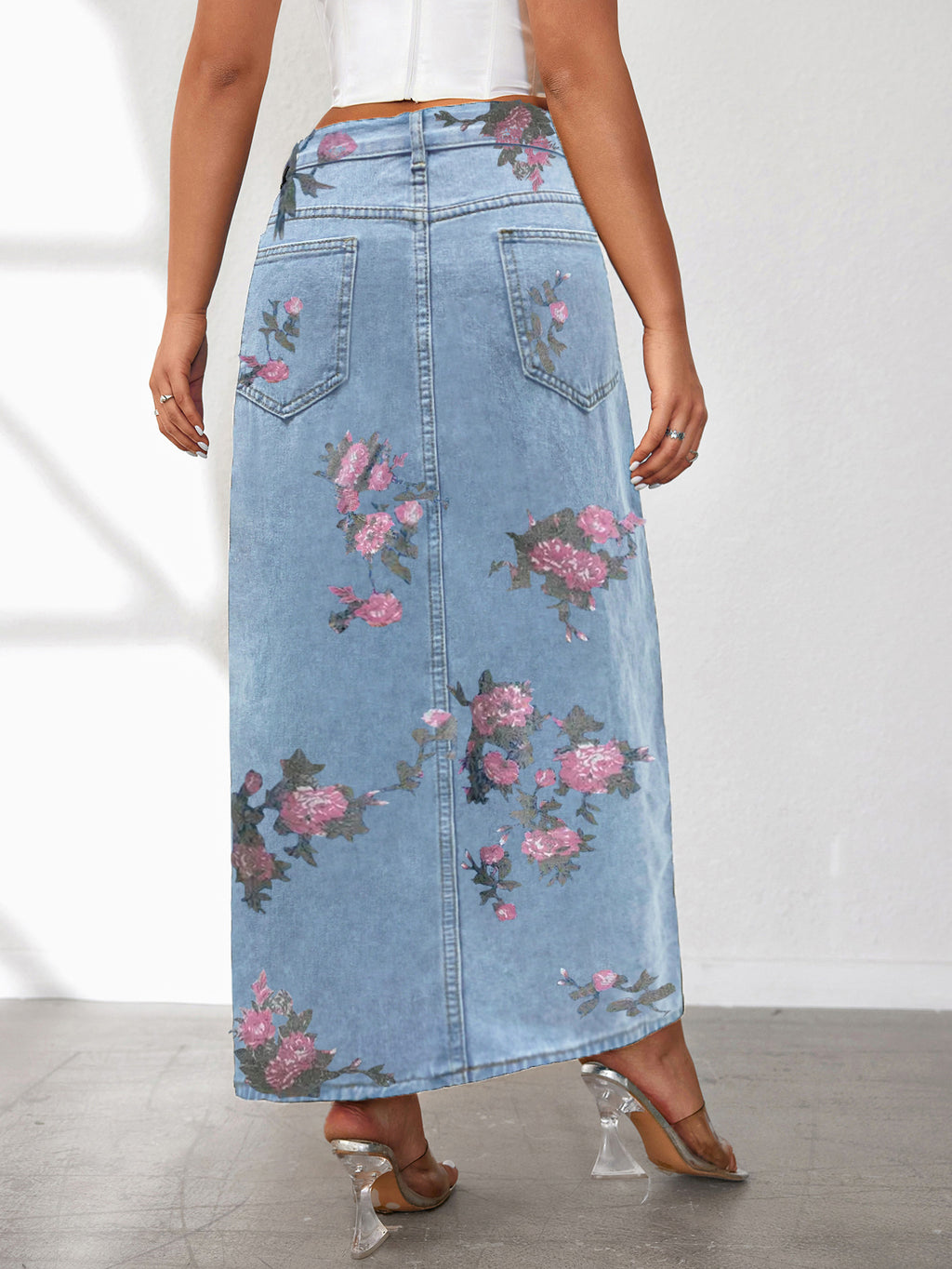 High Slit Denim Skirt Women's Washed Solid Color Midi Skirt