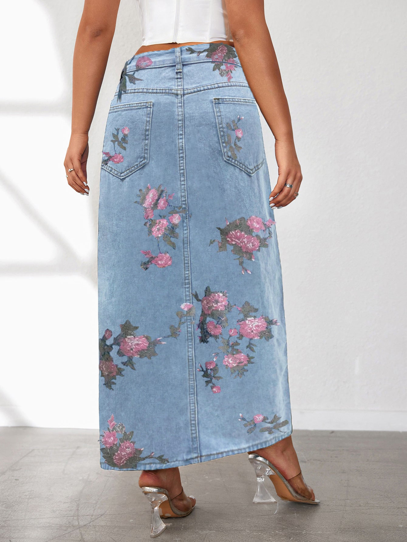 High Slit Denim Skirt Women's Washed Solid Color Midi Skirt