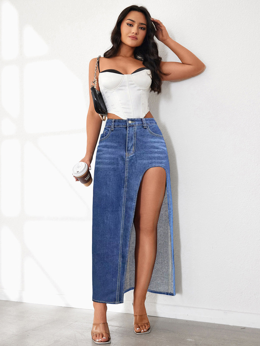 High Slit Denim Skirt Women's Washed Solid Color Midi Skirt