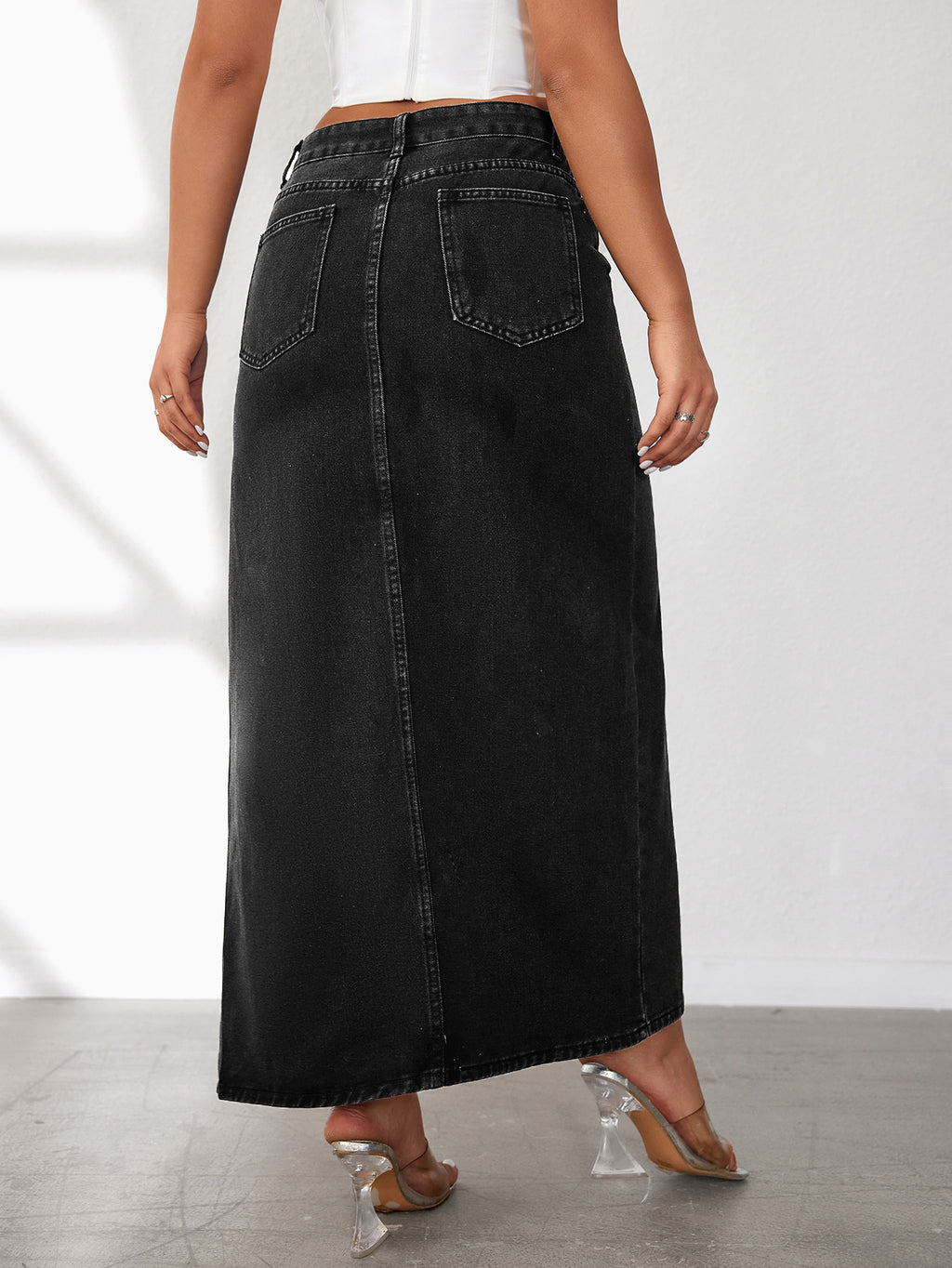 High Slit Denim Skirt Women's Washed Solid Color Midi Skirt