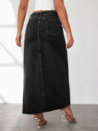High Slit Denim Skirt Women's Washed Solid Color Midi Skirt