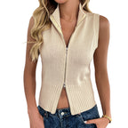 Women's Cardigan Zipper Lapel Sleeveless Sweater