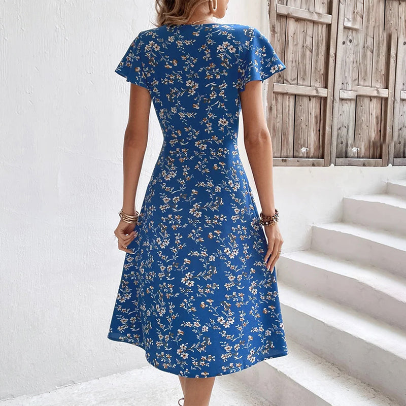 Summer Floral Print Maxi Dress Women Button Up Split Long Flowy Bohemian Beach Party Dresses