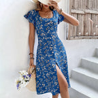 Summer Floral Print Maxi Dress Women Button Up Split Long Flowy Bohemian Beach Party Dresses
